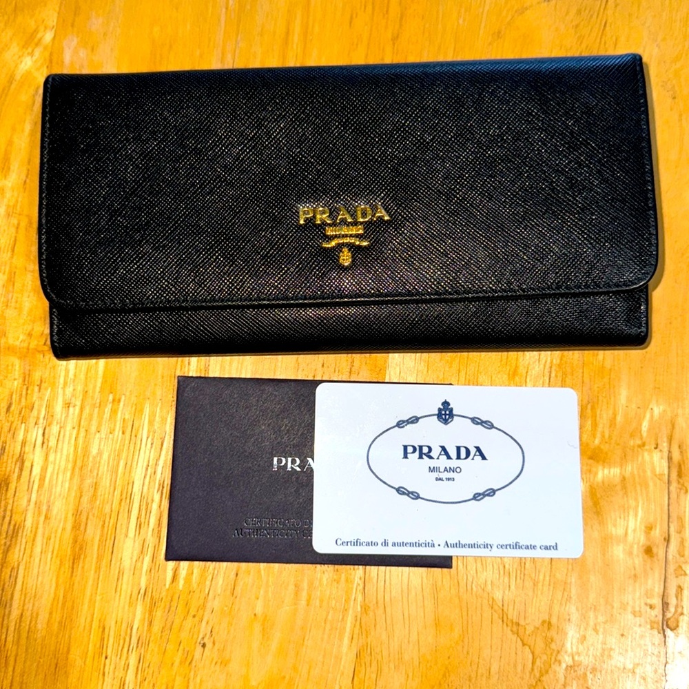 New Saffiano Prada Long Wallet in Black | Authenticity Card